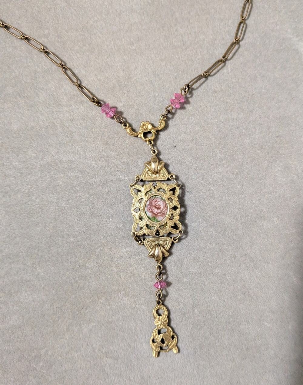 Vintage Victorian Revival Brass Filigree Porcelain Rose Lavalier Necklace